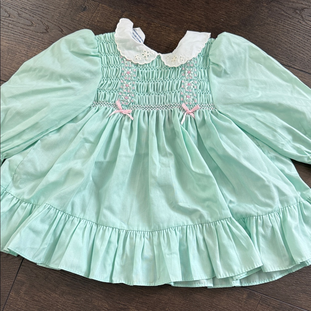 Vtg Polly Flinders Toddler Girl 12 Mo Hand Smocked Embroidered Dress Aqua - Bow